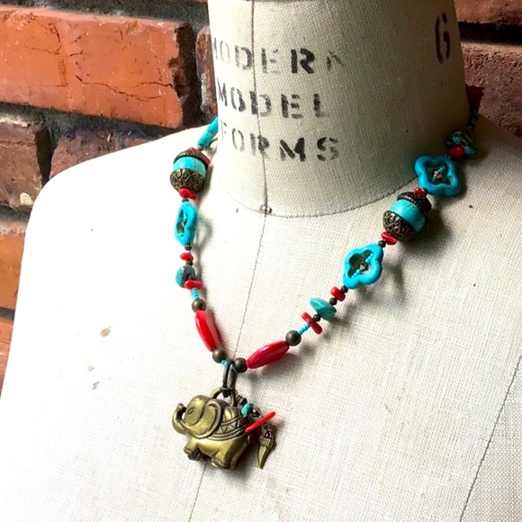 Handmade Red and Aqua Elephant Statement Necklace - Picture 6 of 15